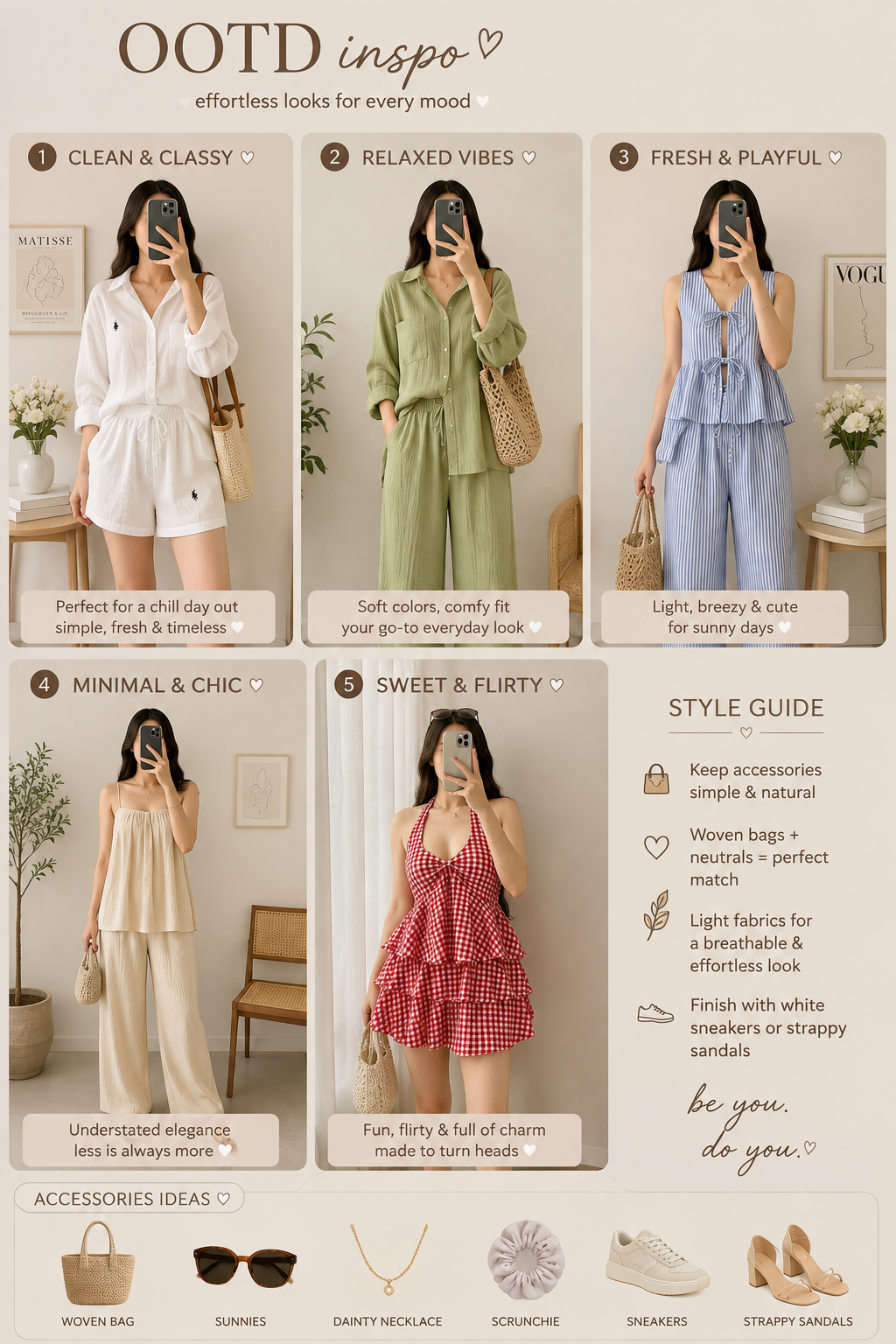 โจ OOTD INSPO FOR EVERY MOOD ๐ค โจ From clean & classy to sweet & flirty, find the perfect look for your next outfit moment! ๐๐๐ก ๐ท Effortless fits ๐ค Soft & timeless colors ๐งบ Cute woven accessories โ๏ธ Perfect for everyday, sunny days & chill outings