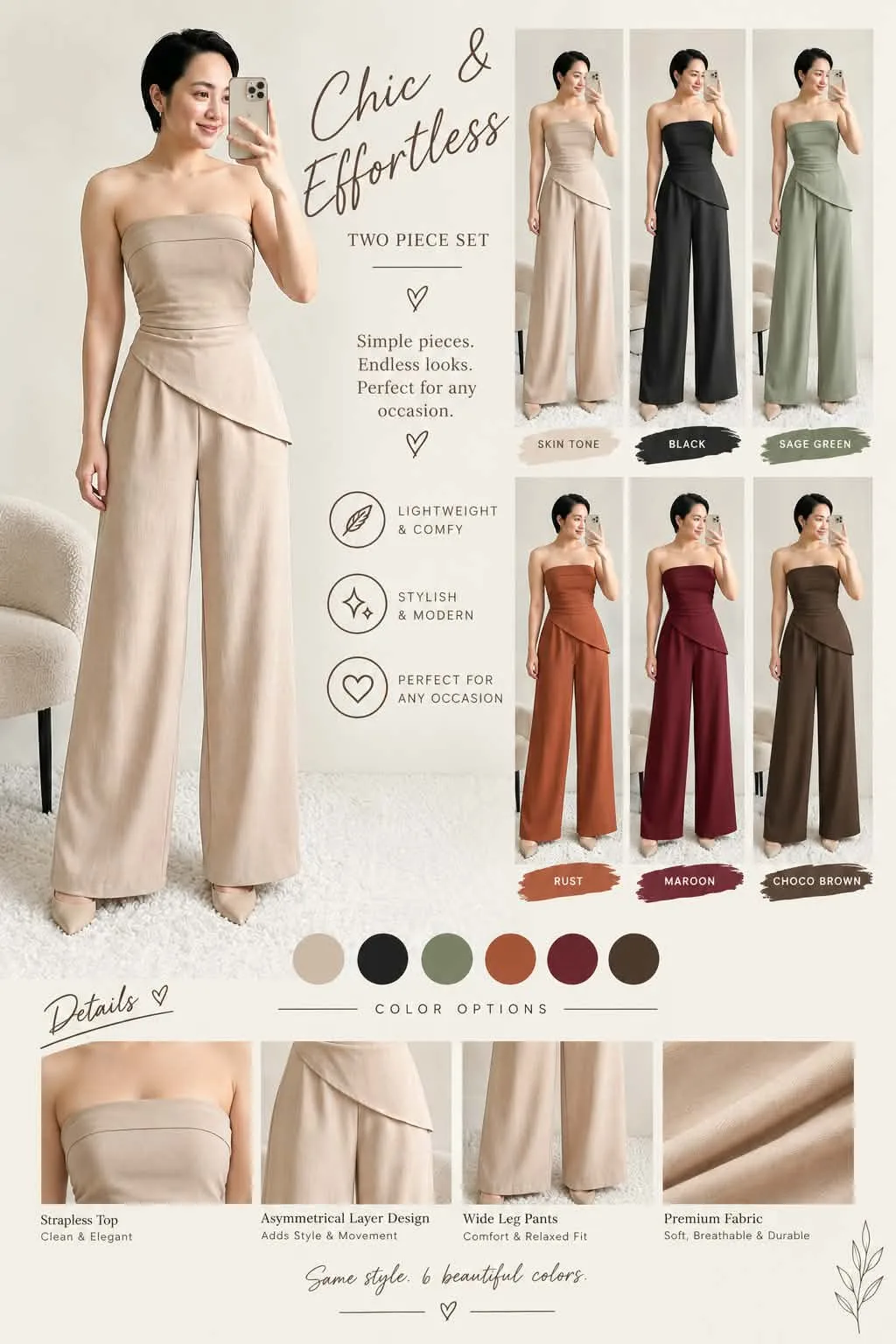 Elevate your everyday style with this chic strapless two-piece set featuring an elegant asymmetrical top and flowy wide-leg pants. 🤎 Perfect for brunch dates, vacations, casual outings, and special occasions. Available in Skin Tone, Black, Sage Green, Rust, Maroon & Choco Brown. 🤍 ✨ Minimal & stylish ✨ Comfortable wide-leg fit ✨ Flattering asymmetrical design ✨ Easy to dress up or down