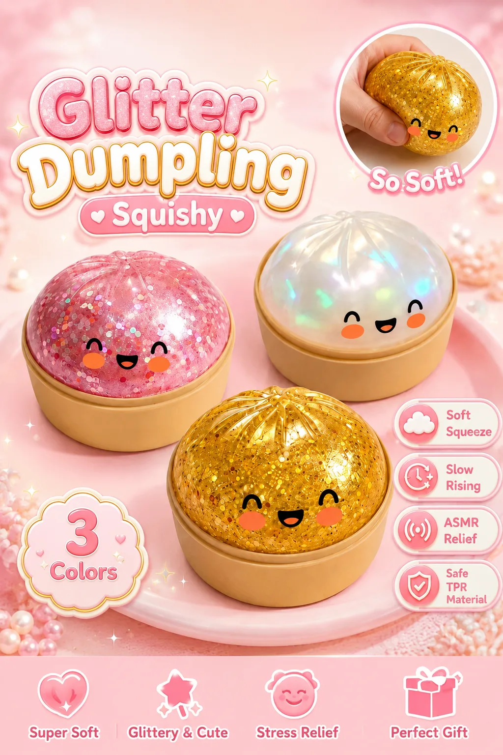 Obsessed with cute things? Look at this glitter dumpling squishy! ✨🥟 So soft, so satisfying, and it slowly rises back every time you squeeze it. Perfect for stress relief, ASMR lovers, and anyone who loves kawaii toys. Available in three adorable colors. Grab yours before they're gone! 💖https://vt.tiktok.com/ZS9hhgHjKGnjD-B1eTu/