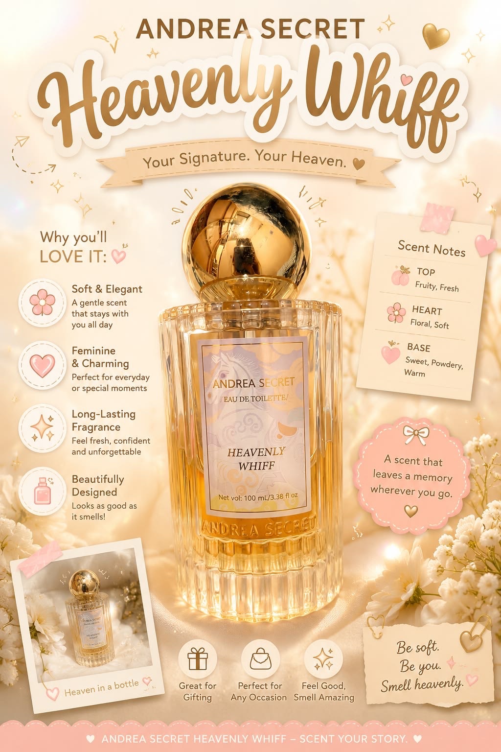 Andrea Secret Heavenly Whiff ☁️✨ Honestly, I didn’t expect to love this perfume as much as I do! The scent is feminine, soft, and sweet without being too overwhelming. It gives that clean, pretty, and effortlessly fresh vibe that’s perfect for everyday wear. 💕 The longevity is also pretty decent for its price, especially when sprayed on clothes. If you’re looking for an affordable perfume that smells elegant and girly without breaking the bank, this one is definitely worth trying! ✨ Honest rating: 9/10