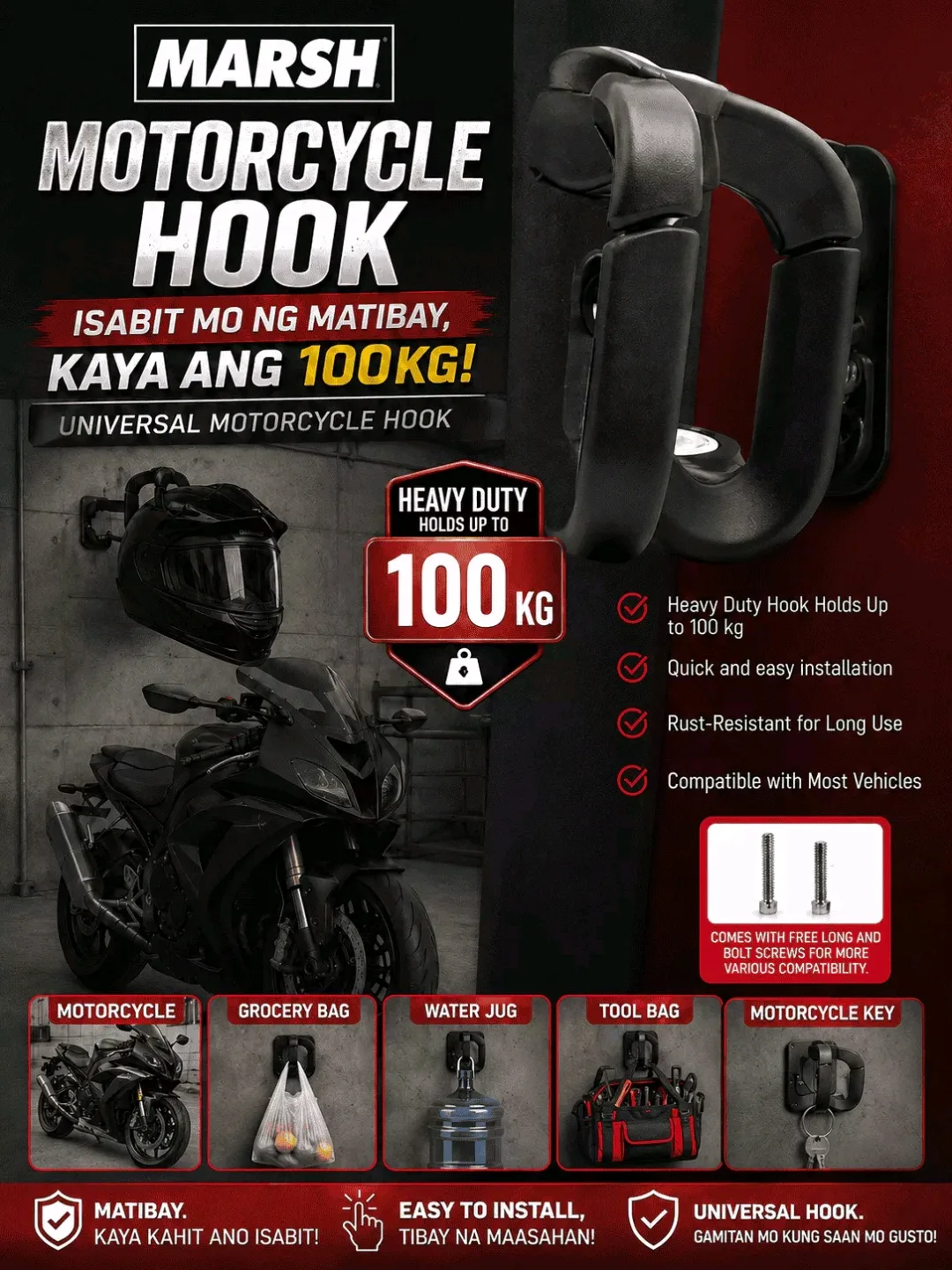ISABIT MO NG MATIBAY, KAYA ANG 100KG! πͺ MARSH Motorcycle Hook - hindi lang pang-helmet, pang-lahat! β
Heavy Duty up to 100KG β
Rust-resistant at pang-matagalan β
Easy install, may free bolt screws na! β
Universal - pwede sa motor, grocery, tools, susi, kahit water jug MATIBAY. KAHIT ANO KAYA ISABIT! PM na para sa COD!
