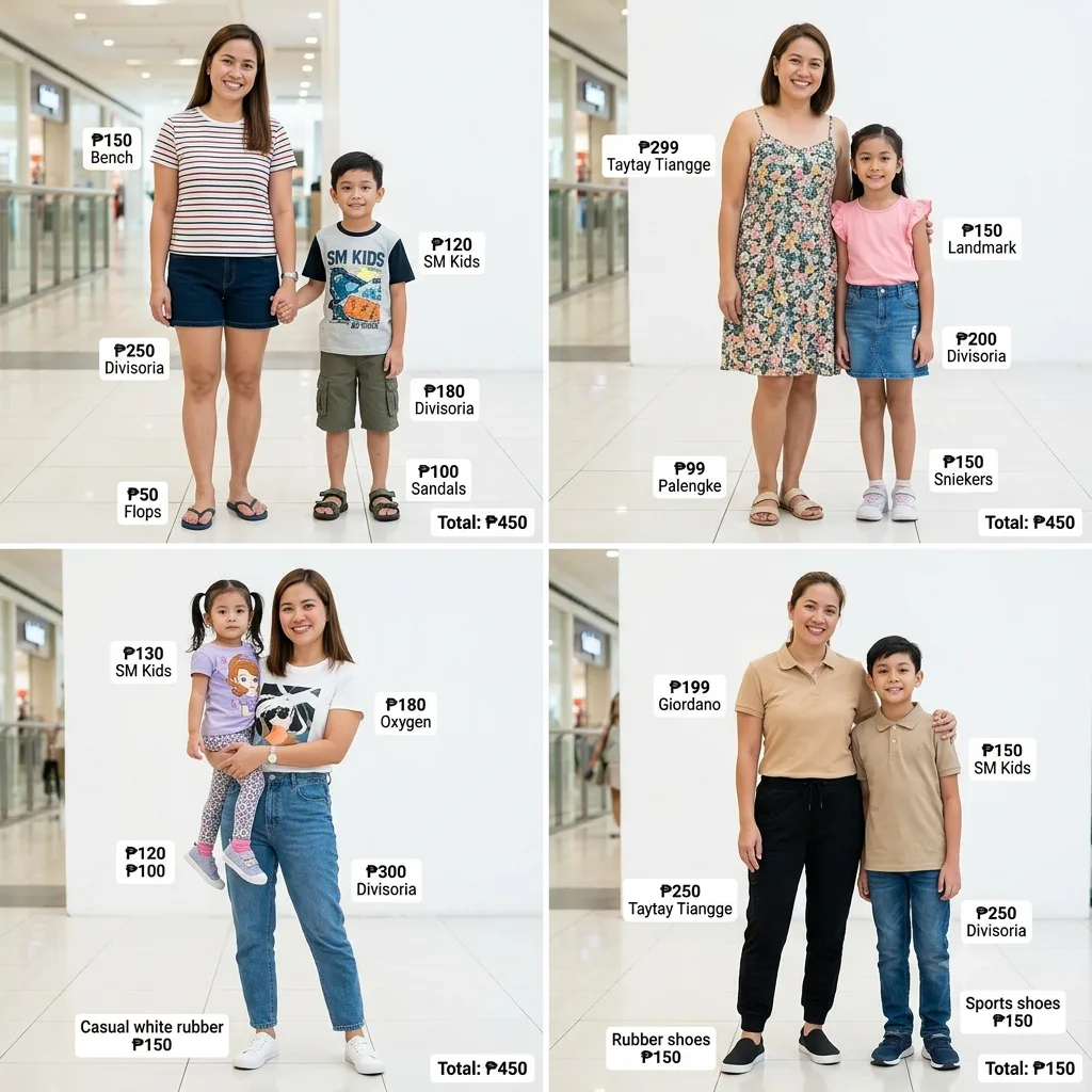 Create a realistic photo of 4 Filipino moms and kids in a mall, 2x2 grid layout. 1: Kid wearing yellow raincoat and boots. 2: Mom wearing white sandals and denim shorts. 3: Kid with pink school backpack. 4: Mom with canvas tote bag and linen top. Clean white background, natural lighting, full body, product catalog style, photorealistic, high quality