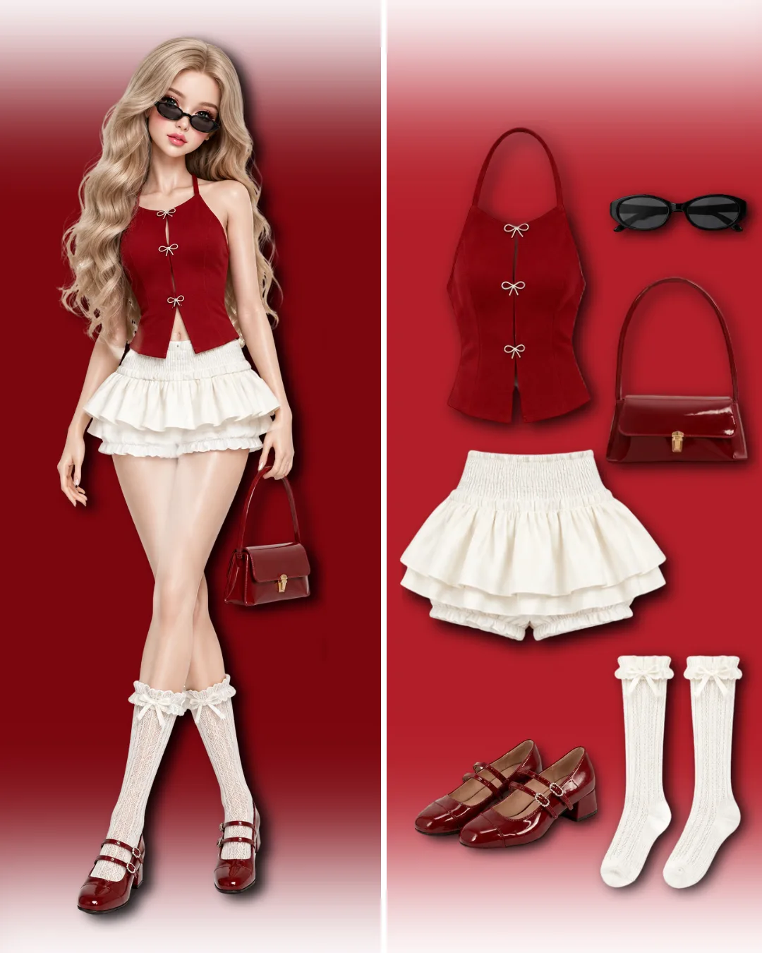 Cherry Red Coquette Aesthetic Outfit Inspo 🍒✨Get that cute & chic Coquette Girl aesthetic! Perfect for dates, aesthetic cafe hopping, or weekend hangouts. 👠 Polyvore-style full outfit breakdown available below!🛒 Shop the Look / Item Links: 🍒 Red Bow Halter Neck Top 🤍 White Ruffled Mini Skirt / Shorts 👠 Retro Burgundy Mary Jane Heels 👜 Vintage Red Glossy Shoulder Bag 🕶️ Sleek Black Sunglasses 🧦 White Lace Ribbon Knee High Socks 👇 Click the tagged items on the photo to direct shop!