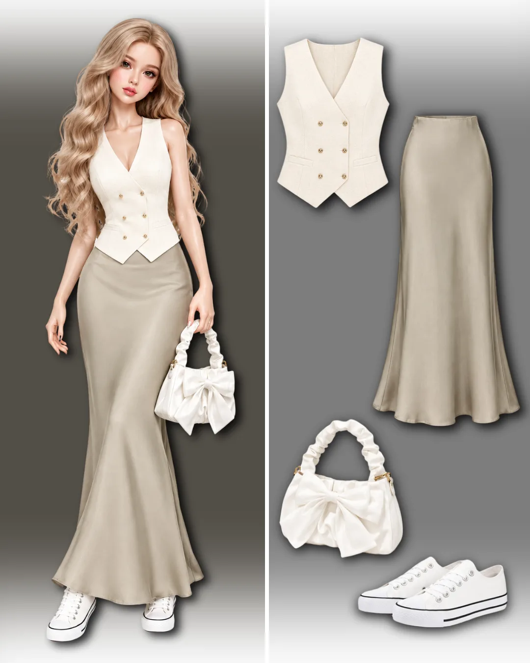 Elegant Office & Cafe Date Outfit | Silk Maxi Skirt + Vest Set โจ Looking for an expensive-looking outfit na super comfortable at affordable? ๐ค Turn heads with this Chic Cream Tailored Vest and Champagne Satin Silk Maxi Skirt combo! Perfect for corporate events, Sunday church, or aesthetic cafe hopping. Paired with a trendy bow scrunchie handbag and casual white sneakers for that effortlessly classy vibe! ๐ Shop the TikTok Shop items below: ๐ค Double-Breasted Cream Tailored Vest โจ High-Waist Champagne Satin Maxi Skirt ๐ White Bow Scrunchie Handle Bag ๐ Classic White Platform Sneakers ๐ Click the tagged pins on the image to checkout on TikTok Shop!