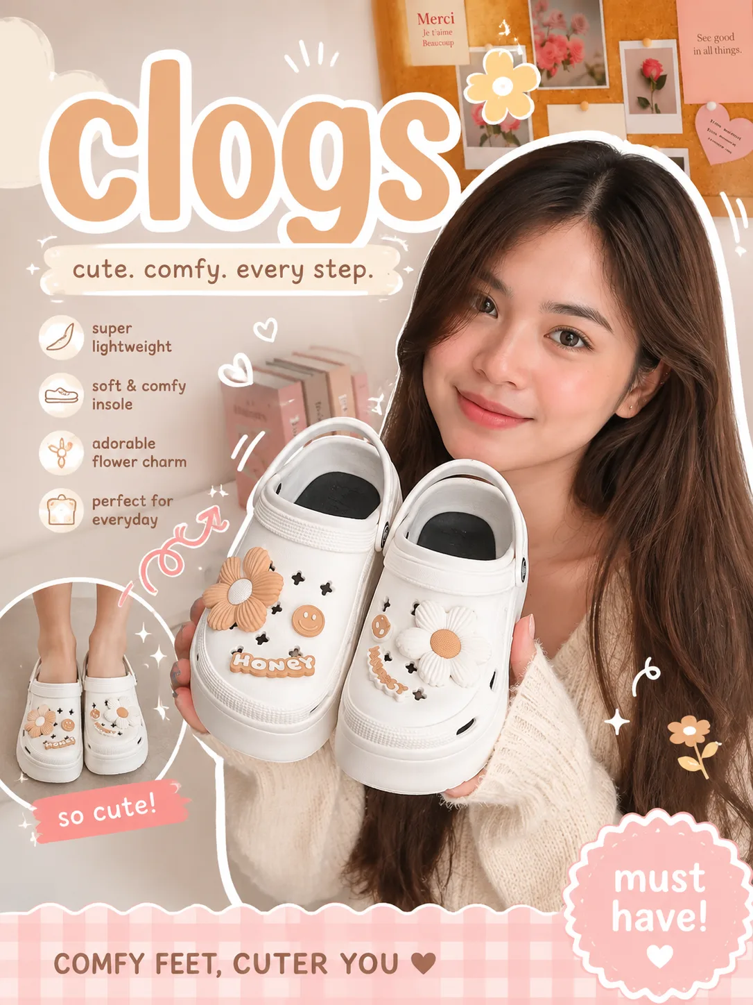 Looking for the perfect everyday footwear? These cute clogs are super lightweight, ultra-comfy, and designed with adorable flower charms to make every outfit extra charming! ๐ธโจ ๐ Soft on your feet. ๐ผ Stylish and easy to match. โ๏ธ Perfect for everyday wear. Don't miss outโgrab your pair today and add a touch of cuteness to every step! ๐๐ค #Clogs #CuteClogs #ComfyStyle #EverydayShoes #OOTD #FlowerCharm #MustHave #TikTokFinds #ShopeeFinds #AestheticStyle #ComfyFeet #CasualFashion #WomenStyle #Footwear #TrendingNow