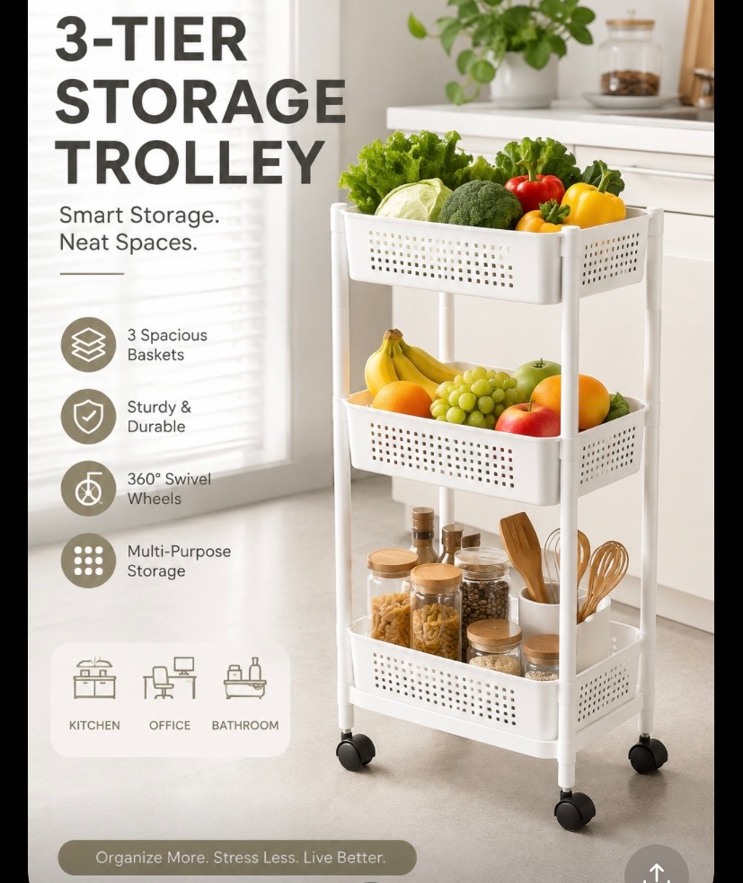 Organize smarter, live better! 🤍🛒 Keep your home neat and clutter-free with our 3-Tier Storage Trolley. Designed with spacious baskets, smooth-rolling wheels, and a durable build, it's perfect for organizing your kitchen, office, bathroom, or any corner of your home. Stylish, practical, and made to simplify your everyday life! 🌿✨ #3TierStorageTrolley #HomeOrganization #SmartStorage #SpaceSaver #OrganizedLiving