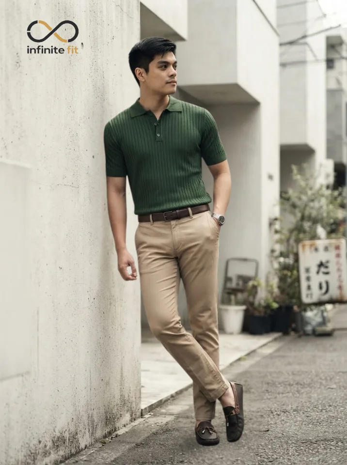 Classy Within the Budget, men's edition. A ribbed green polo tucked into tailored khakis, finished with a belt and clean black shoes simple pieces, sharp execution. This is smart-casual done right. Which detail's your favorite the polo texture, the fit of the khakis, or keeping it classic with black shoes? 👇
