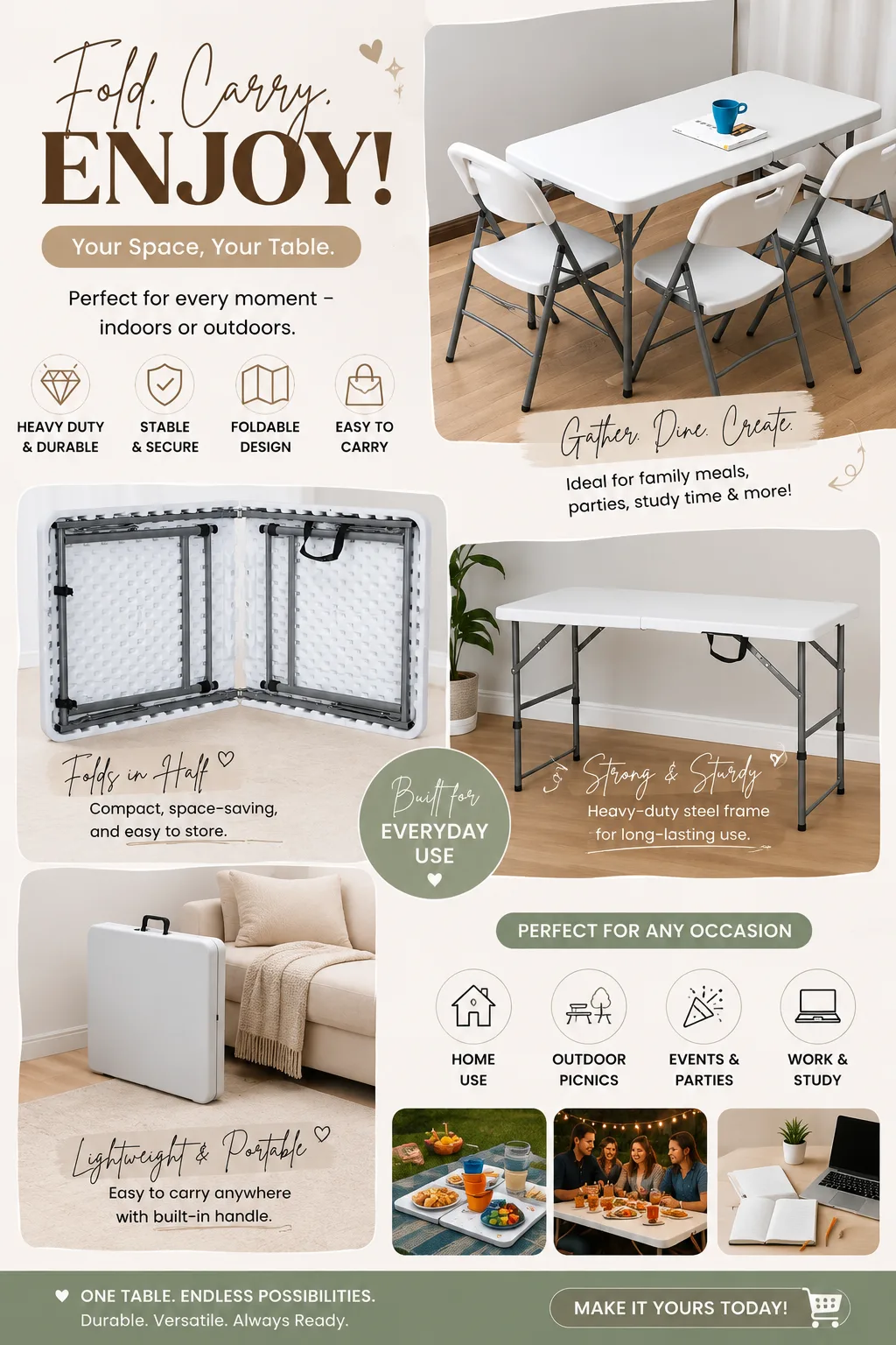 β¨ ONE TABLE. ENDLESS POSSIBILITIES! β¨ Make every gathering easier with this Heavy-Duty Folding Table! π€ Perfect for family meals, parties, picnics, events, studying, work, and everyday use. Its sturdy steel frame, spacious tabletop, fold-in-half design, and built-in handle make it durable, versatile, space-saving, and easy to carry. π‘ππ§ΊπΌ π Shop here: π Lazada: https://s.lazada.com.ph/s.ZhQBzR?c=w&t=p-i50ish0-sUyiVrg π΅ TikTok Shop: https://vt.tiktok.com/ZS9kSrJAX8s12-Uk8cm/ ποΈ Shopee: https://ph.shp.ee/EfR1TQiy π Fold it. Carry it. Set it up. Enjoy it! Perfect for any occasion, wherever you need it! #FoldingTable #HeavyDutyTable #PortableTable #FoldableTable #SpaceSaving #HomeEssentials #OutdoorEssentials #PartyEssentials #PicnicTable #EventEssentials #StudyTable #WorkFromHome #HomeOrganization #LazadaFinds #TikTokShopFinds #ShopeeFinds #SulitFinds #BudolFinds #Philippines #HomeMustHaves