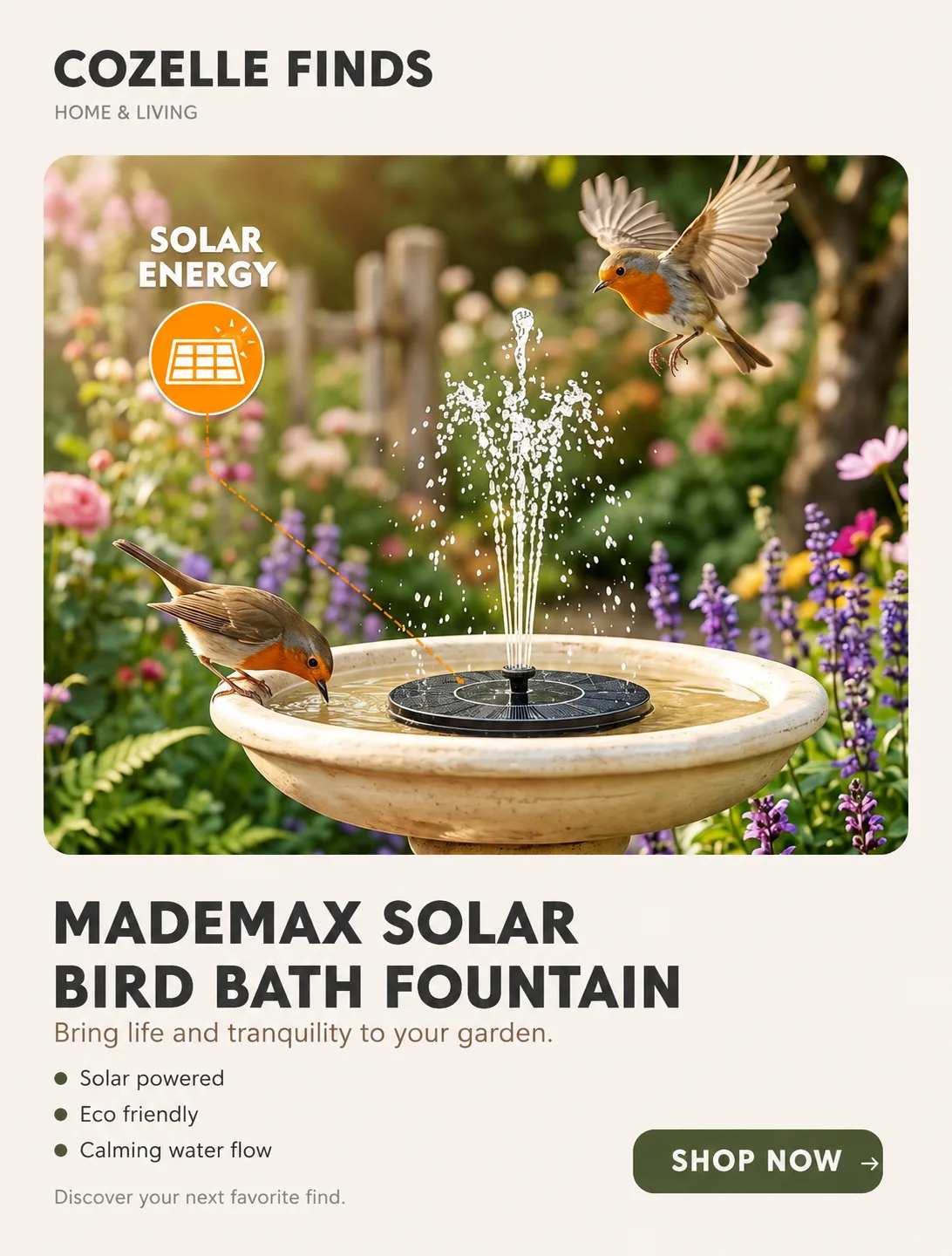 Bring a little more life and tranquility to your garden 🌿🐦💦 The Mademax Solar Bird Bath Fountain creates a beautiful flowing-water feature powered by sunlight—perfect for gardens, patios, backyards, and bird-friendly outdoor spaces. ☀️ ✨ Solar powered ✨ Beautiful water flow ✨ Bird-friendly garden addition ✨ Perfect for outdoor spaces 🐦 Turn your garden into a peaceful little retreat. 🛍️ Shop this find through the link!