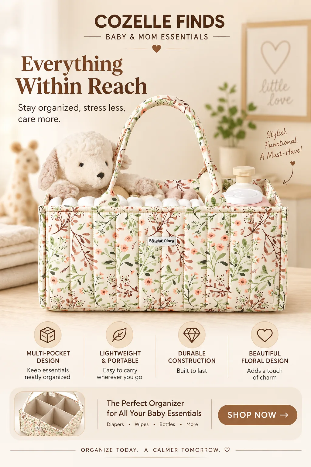 🌸🧺 Keep baby's everyday essentials organized and within reach with this beautiful floral diaper caddy. A stylish and practical nursery essential for busy moms. #DiaperCaddy #BabyOrganizer #NurseryOrganization #BabyEssentials #NewMomEssentials #NurseryEssentials #CozelleFinds #amazonaffiliate #ad