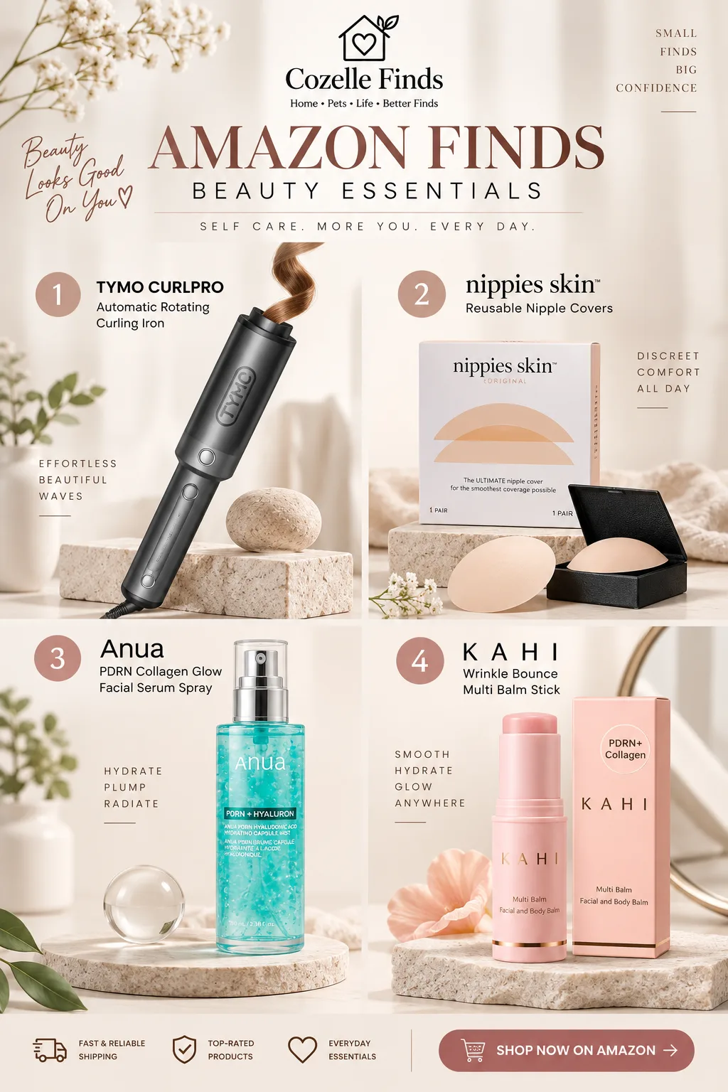 Discover beauty essentials designed to make your everyday routine feel a little more elevated. ๐โจ From effortless beach waves and convenient coverage to hydrating Korean skincare and an on-the-go multi balm, these beauty finds are perfect additions to a self-care routine. โจ Featured Beauty Finds: โข TYMO CURLPRO Automatic Rotating Curling Iron โข Nippies Reusable Nipple Covers โข Anua PDRN + Hyaluron Facial Serum Spray โข KAHI PDRN + Collagen Multi Balm Explore more beauty finds and everyday favorites through Cozelle Finds. ๐ค #BeautyFinds #BeautyFavorites #SelfCareEssentials #SkincareFinds #HairCareTools #KoreanSkincare #BeautyRoutine #AmazonFinds #BeautyProducts #EverydayBeauty #GlowRoutine #CozelleFinds