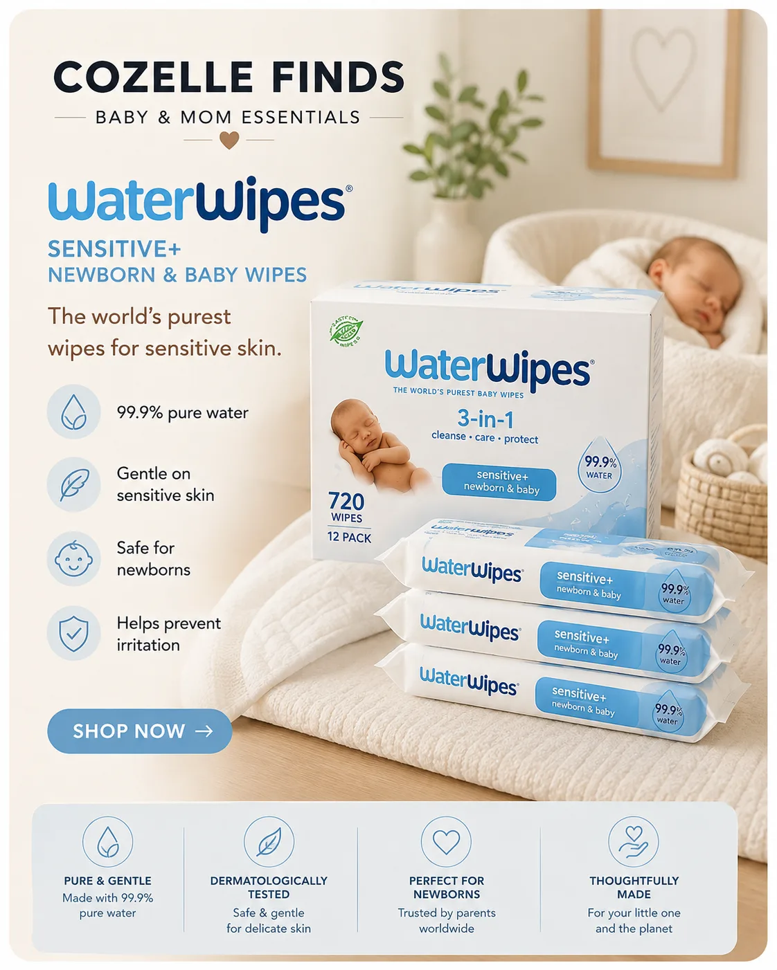 Gentle care for your little one. π€ WaterWipes Sensitive+ Newborn & Baby Wipes are a practical everyday essential for newborn care, diaper changes, and quick cleanups. π«§πΆ #WaterWipes #BabyWipes #NewbornEssentials #BabyEssentials #BabyCare #NewMom #CozelleFinds