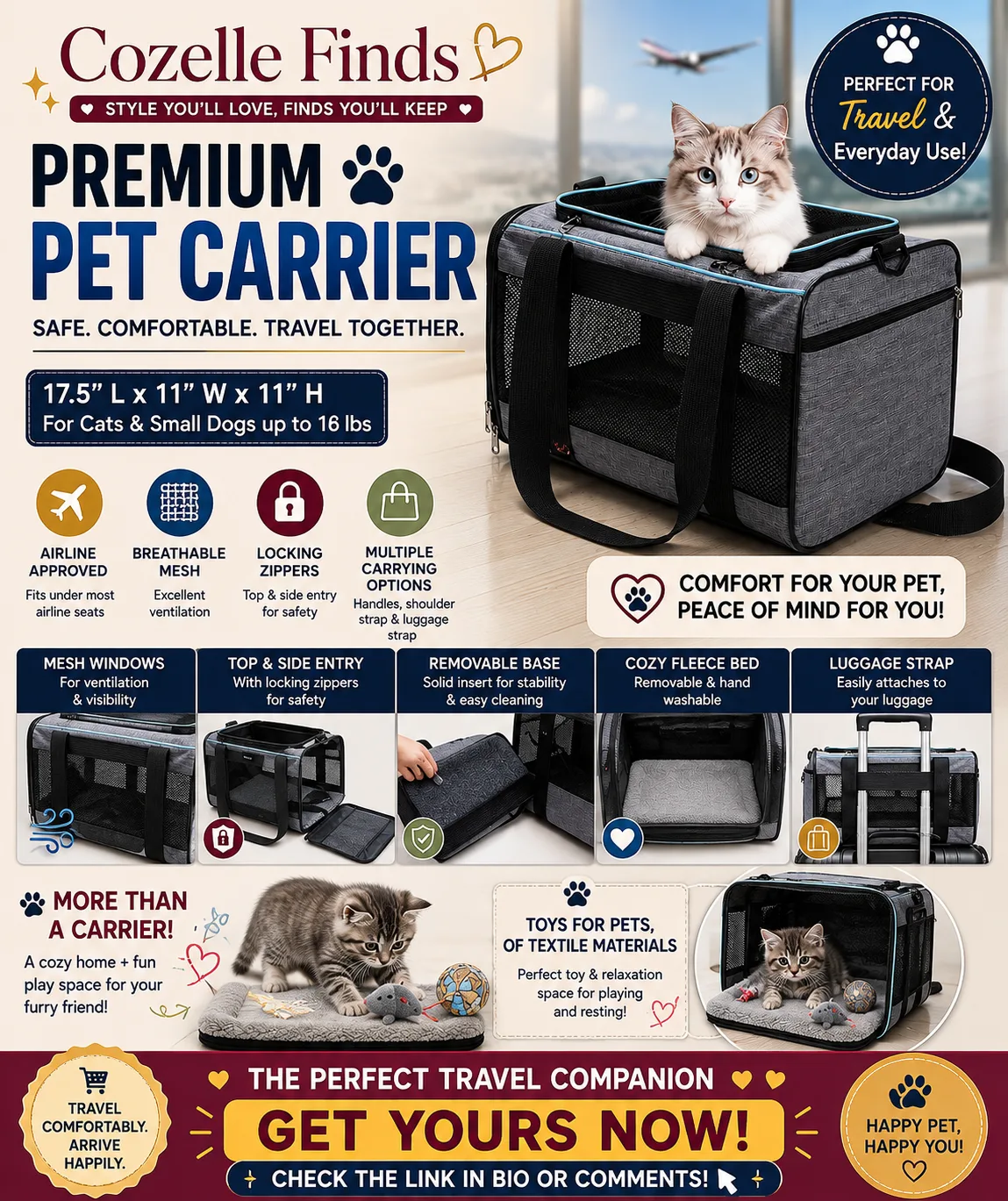 Travel comfortably with your furry friend! π±πΆ This spacious pet carrier features breathable mesh windows, secure zippers, multiple entry options, a sturdy base, and a soft removable fleece bed for extra comfort. Perfect for cats and small dogs during vet visits, road trips, and travel adventures. π Check our bio or comments to discover this pet essential!