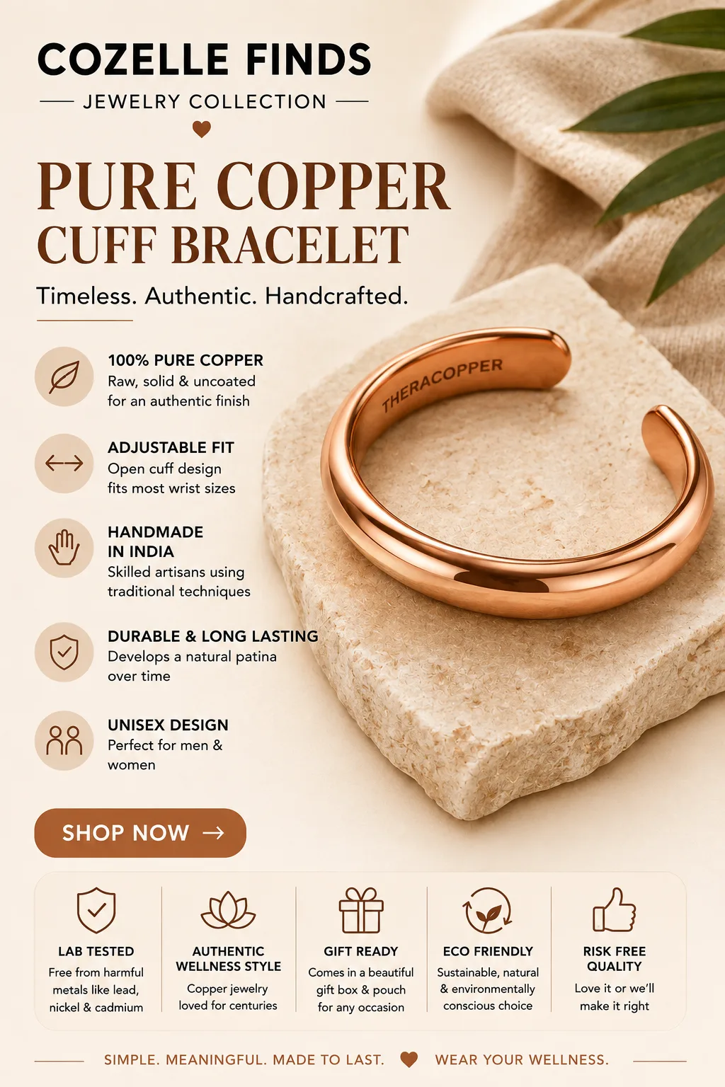 A timeless piece with authentic character. ✨ This adjustable cuff is crafted from 100% pure, untreated copper and handmade using traditional techniques. Its open-cuff design allows an adjustable fit, while the natural copper develops a unique patina over time.