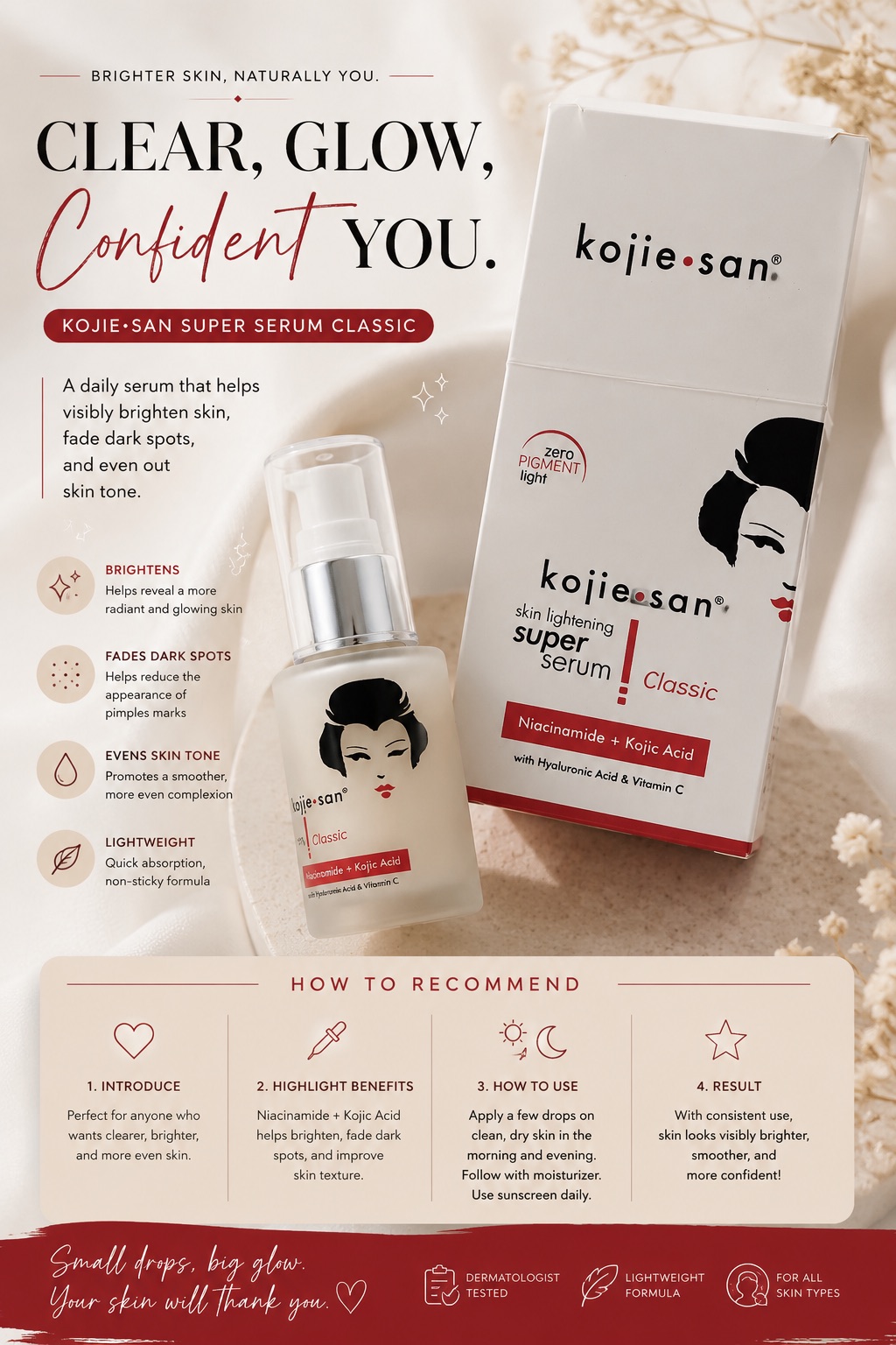 ✨ My skincare pick! ✨ If you’re looking for a serum to add to your skincare routine, try the Kojie•San Super Serum Classic! 🤍 With Niacinamide + Kojic Acid, plus Hyaluronic Acid & Vitamin C, it helps brighten the look of dull skin, improve the appearance of dark spots, and leave your skin looking smoother and more radiant. ✨ Just a few drops after cleansing, then moisturize. And don’t forget your SPF during the day! ☀️ 💗 Small drops, big glow! 🛒 Add this to your skincare routine and see if it works for you! #KojieSan #SuperSerum #SkincareRoutine #GlowingSkin #SkinCareFinds #TikTokMadeMeBuyIt #BeautyFinds