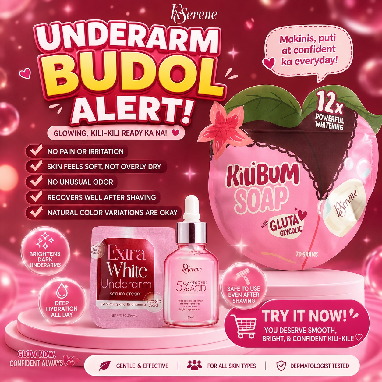 ๐โจ UNDERARM BUDOL ALERT! โจ๐ Ready na ba sa mas smooth, fresh & confident na kili-kili? ๐ ๐ธ KiliBum Soap with Gluta + Glycolic ๐ง 5% Glycolic Acid โจ Extra White Underarm Serum Cream Perfect sa underarm care routine! ๐ฅฐ Glow now, confident always! ๐ ๐ Try it nowโbaka ito na ang next skincare budol mo! ๐