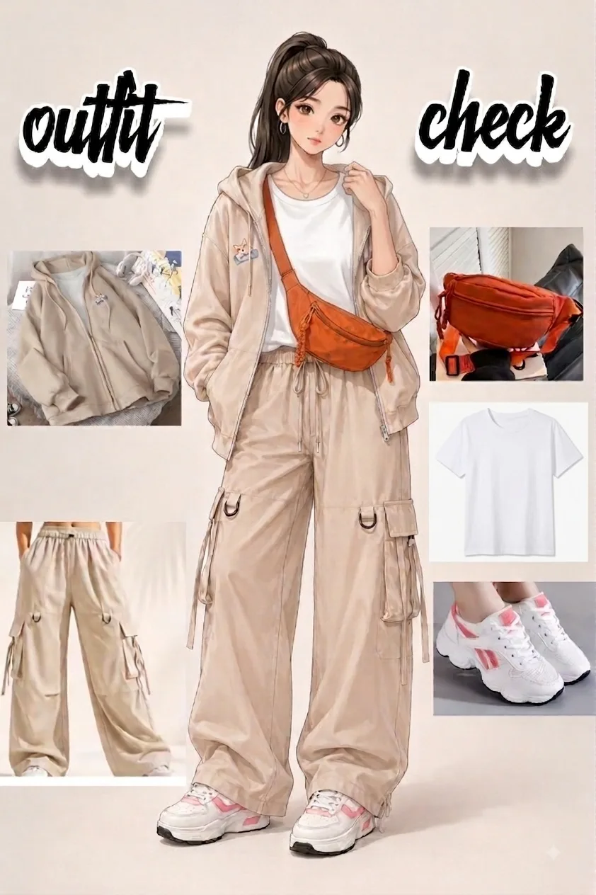โจ OUTFIT CHECK: Comfy + Chic! โจ Elevate your everyday look with this stylish casual set! ๐ค ๐ค Comfy basic tee ๐ค Oversized jacket ๐ค Trendy cargo pants ๐งก Crossbody belt bag ๐ Stylish sneakers Perfect for everyday errands, campus looks, travel, and weekend adventures! ๐๏ธโจ