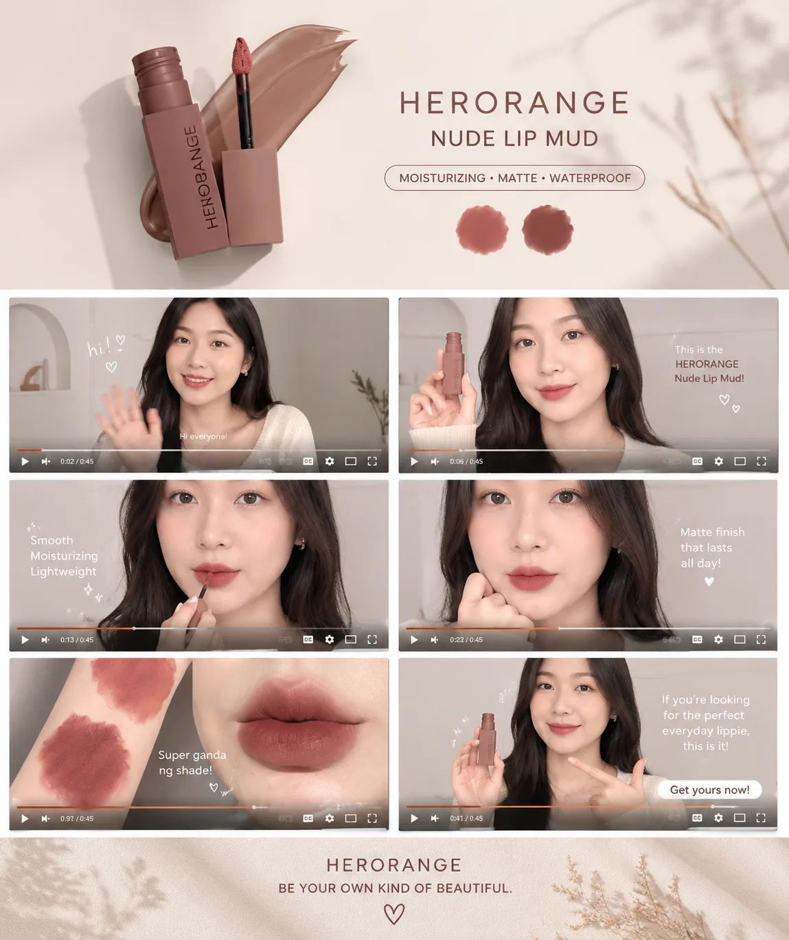 “Hi guys! Look what I found! 💕 Ito yung HERORANGE Nude Lip Mud. Super ganda ng shade niya—perfect for everyday makeup! Tingnan niyo yung application, ang smooth at ang ganda ng pagka-matte niya sa lips. Hindi siya mukhang heavy, kaya perfect kahit pang-araw-araw. And look at this color! Ang classy and natural niya. 😍 Kung naghahanap kayo ng affordable na nude lip color, I highly recommend checking this one out. So kung gusto niyo rin ng ganitong look, check niyo na yung product at bili na kayo! 💕”