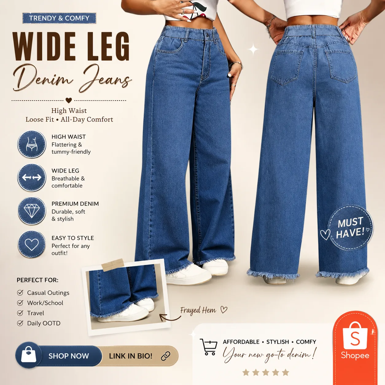 β¨ WIDE LEG DENIM JEANS β MUST HAVE! ππ Looking for jeans na stylish, comfy, at madaling i-partner sa kahit anong outfit? π βοΈ High-waist fit βοΈ Wide-leg style βοΈ Comfy for everyday wear βοΈ Frayed hem detail βοΈ Perfect for casual OOTD, work, travel & daily looks β¨ Simple outfit pero mukhang sosyal! π€ π Check the link and see if your size is still available! #ShopeeFinds #ShopeeAffiliate #WideLegJeans #DenimJeans #OOTD #FashionFinds #AffordableFashion #MustHave