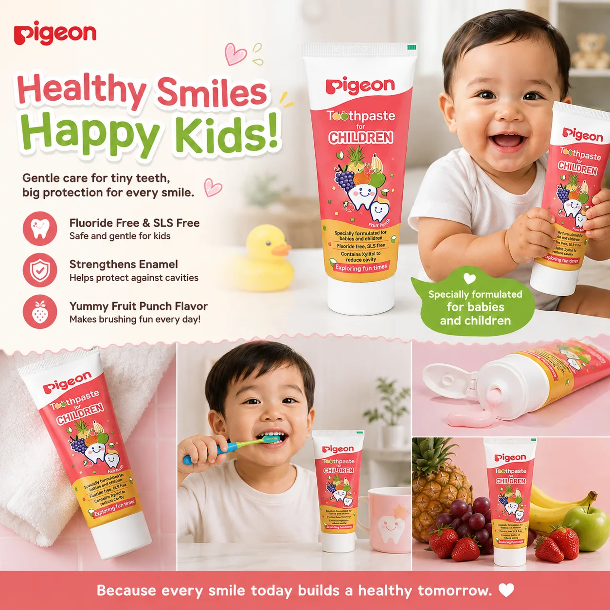 Little teeth deserve gentle care too! β¨π¦· Make brushing fun and enjoyable for your little ones with Pigeon Toothpaste for Children β Fruit Punch πππ π Specially formulated for babies and children πΏ Fluoride-free & SLS-free π Fun Fruit Punch flavor π¦· Contains Xylitol to help reduce cavities From their very first smile to their growing-up years, building good oral hygiene habits starts early! π₯°πΆπ§ Healthy teeth. Happy smiles. Happy kids!