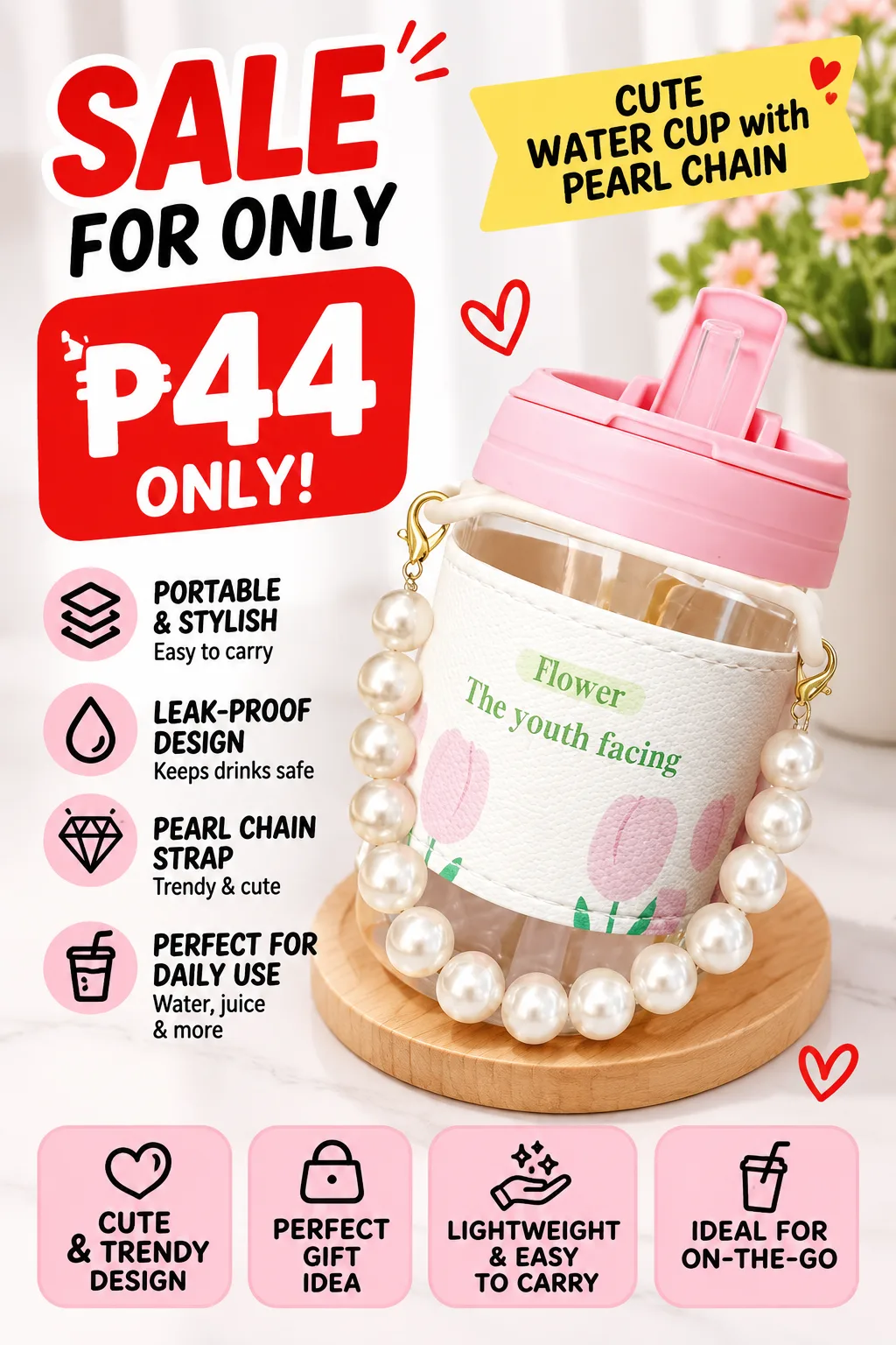 ✨ CUTE & STYLISH PEARL CUP! 🥰🌸 ₱44 LANG! 😍 May pearl chain, double-drink design, at available sa iba’t ibang cute colors. Perfect pang-school, work, gala, or everyday use! 💕🧋 🛒 Grab yours habang ₱44 pa! #PearlCup #CuteFinds #ShopeeFinds #SulitFinds #MustHave
