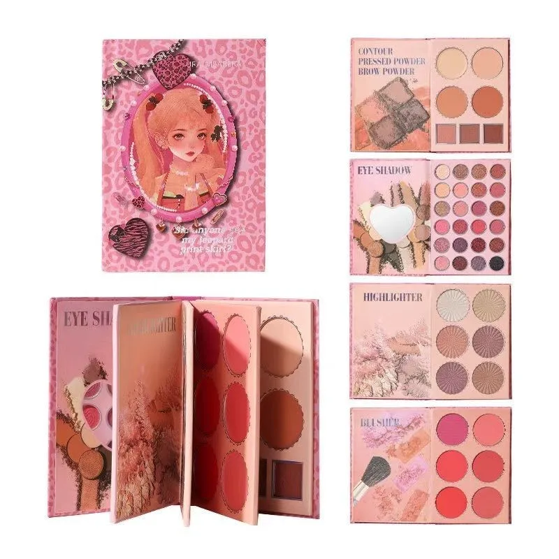 eiidrcn-11134207-820l4-mf4smd3llurs13.jpg can you make me a prompt about here Of course! Here's a detailed AI image generation prompt inspired by the makeup palette packaging in your image: "A luxurious Y2K-inspired pink makeup palette packaging with a glamorous coquette aesthetic. The cover features an adorable anime-style girl with long pastel pink twin tails, large sparkling purple eyes, glossy pink lips, and soft blush. She wears heart-shaped sunglasses on her head, pearl jewelry, heart earrings, and a black-and-white leopard print outfit. The background is baby pink with subtle leopard print, decorated with rhinestone frames, silver heart charms, safety pins, bows, and cute accessories. The palette opens to reveal four sections: a 24-color eyeshadow palette with warm pink, brown, mauve, and shimmer shades; a 6-pan highlighter palette with glowing champagne and rose gold tones; a 6-pan blush palette in pink, coral, and red shades; and a contour palette with bronzer, contour, and setting powders. The overall design is ultra-cute, feminine, glossy, high-end cosmetic packaging with Korean beauty vibes, soft lighting, highly detailed, 3D product render, luxury beauty advertisement, 8K resolution.