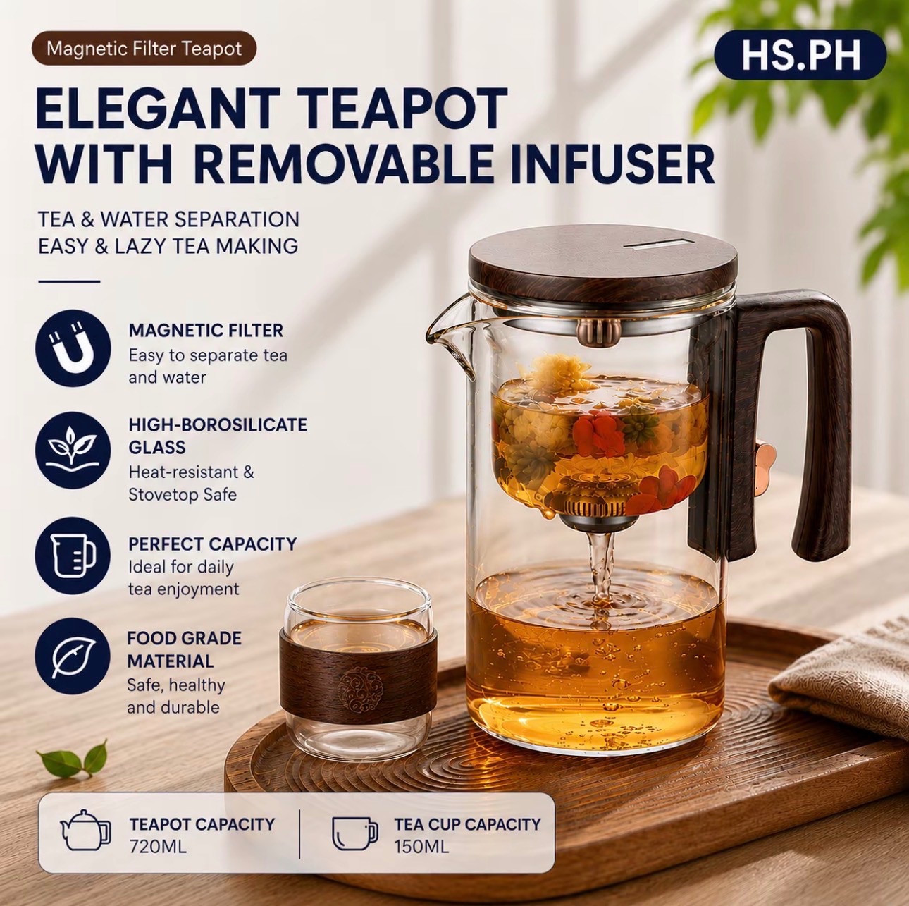 🍵✨ Tea time just got easier! This elegant magnetic filter teapot lets you brew, separate, and pour your tea effortlessly. 🤎 ✔️ Removable magnetic infuser ✔️ Tea & water separation ✔️ Heat-resistant borosilicate glass ✔️ 720ML teapot capacity ✔️ Perfect for your daily tea ritual ☕🌿 Perfect for tea lovers, cozy mornings, and relaxing nights. 🥰