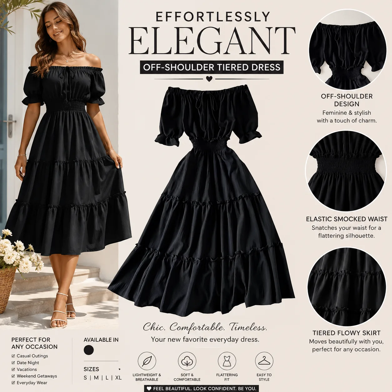 Turn heads in this stunning Off-Shoulder Tiered Midi Dress—designed to flatter every figure with its smocked waist and flowy silhouette. 🌸 Soft & comfortable fabric 🌸 Elegant off-shoulder neckline 🌸 Flattering elastic waist 🌸 Perfect for dates, brunch, parties, vacations, and everyday wear 💕 Feel confident. Look beautiful. Order yours today!