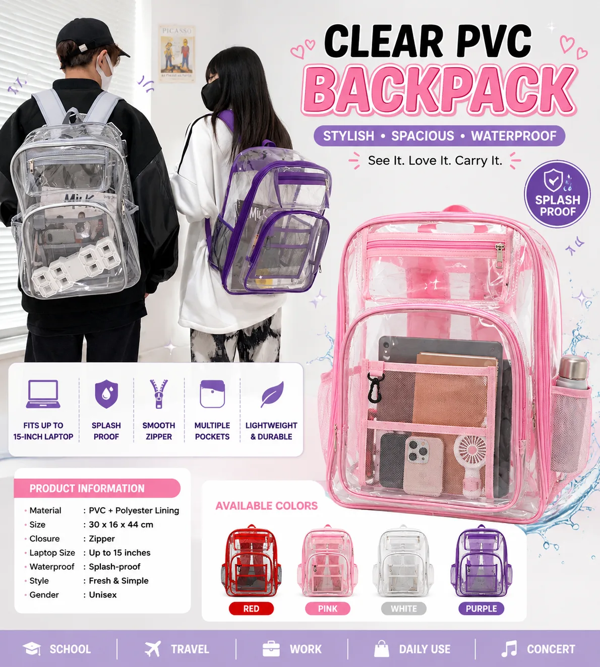 See-through, stylish, and ready for anything! 🎒✨ Meet your new Clear PVC Backpack — perfect for school, work, travel, concerts, and everyday adventures. 💗 With a spacious design, multiple pockets, and room for up to a 15-inch laptop, you can keep your essentials organized and easy to find. Plus, the splash-proof PVC material helps protect your things from light rain and spills. 💦 Available in Red, Pink, White, and Purple. ❤️