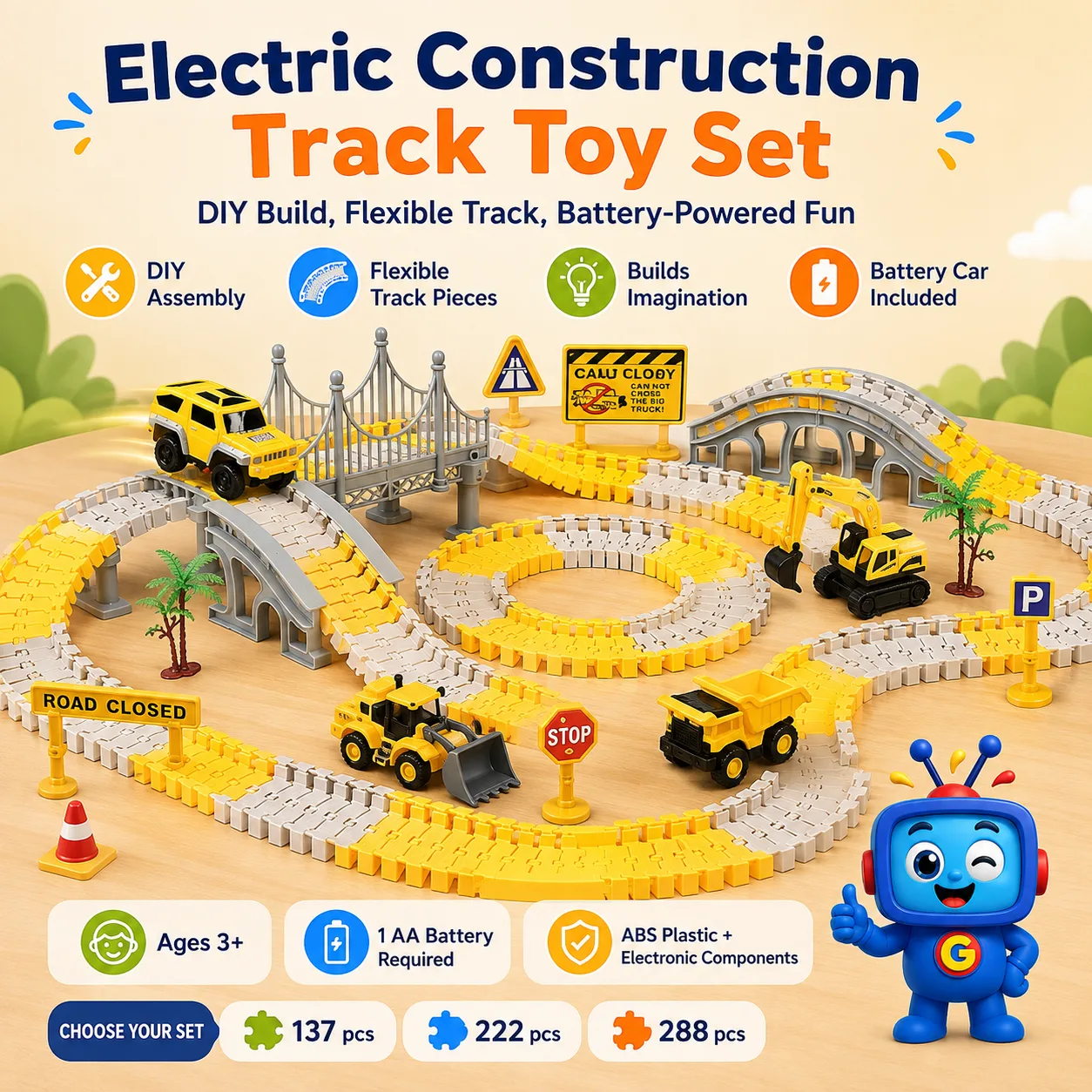 Build, bend, and play with this fun electric construction track toy set. It comes with flexible track pieces, a battery-powered car, and cute construction vehicles that help kids enjoy hands-on play while developing imagination, coordination, and problem-solving skills. Made from ABS plastic and suitable for ages 3 and up. Battery not included.