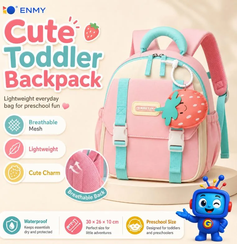 A cute, lightweight backpack made for preschool, daycare, outings, and everyday use. Features a breathable mesh back, waterproof fabric, roomy interior, smooth zipper, and a detachable strawberry charm. Compact and comfortable for little kids. Size: 30 × 26 × 10 cm.