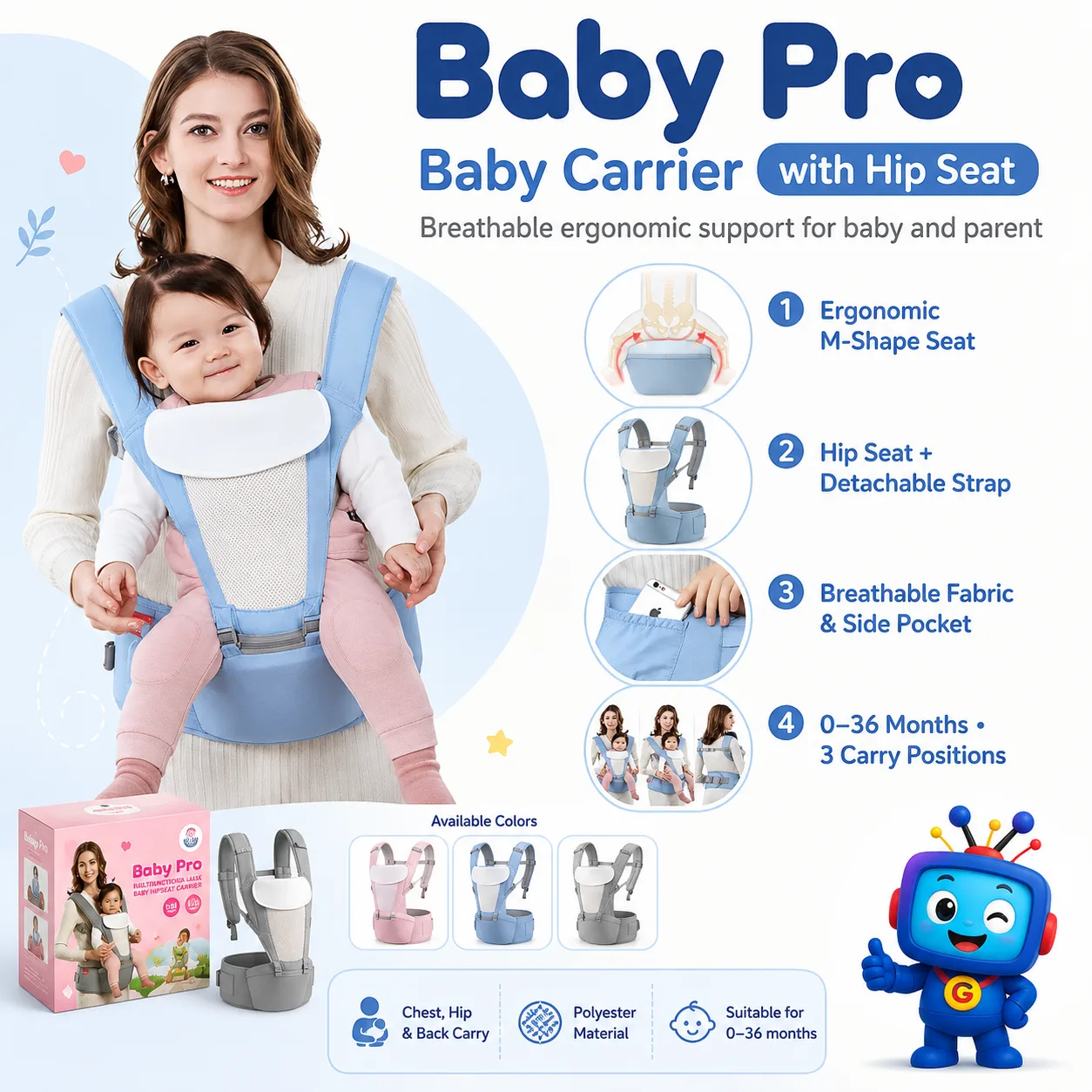 Carry your baby with better comfort and support using the Baby Pro Baby Carrier. It features an ergonomic M-shaped seat, breathable design, detachable strap, side pocket, and multiple carrying positions for chest, hip, and back carry. A practical hands-free pick for babies 0 to 36 months.
