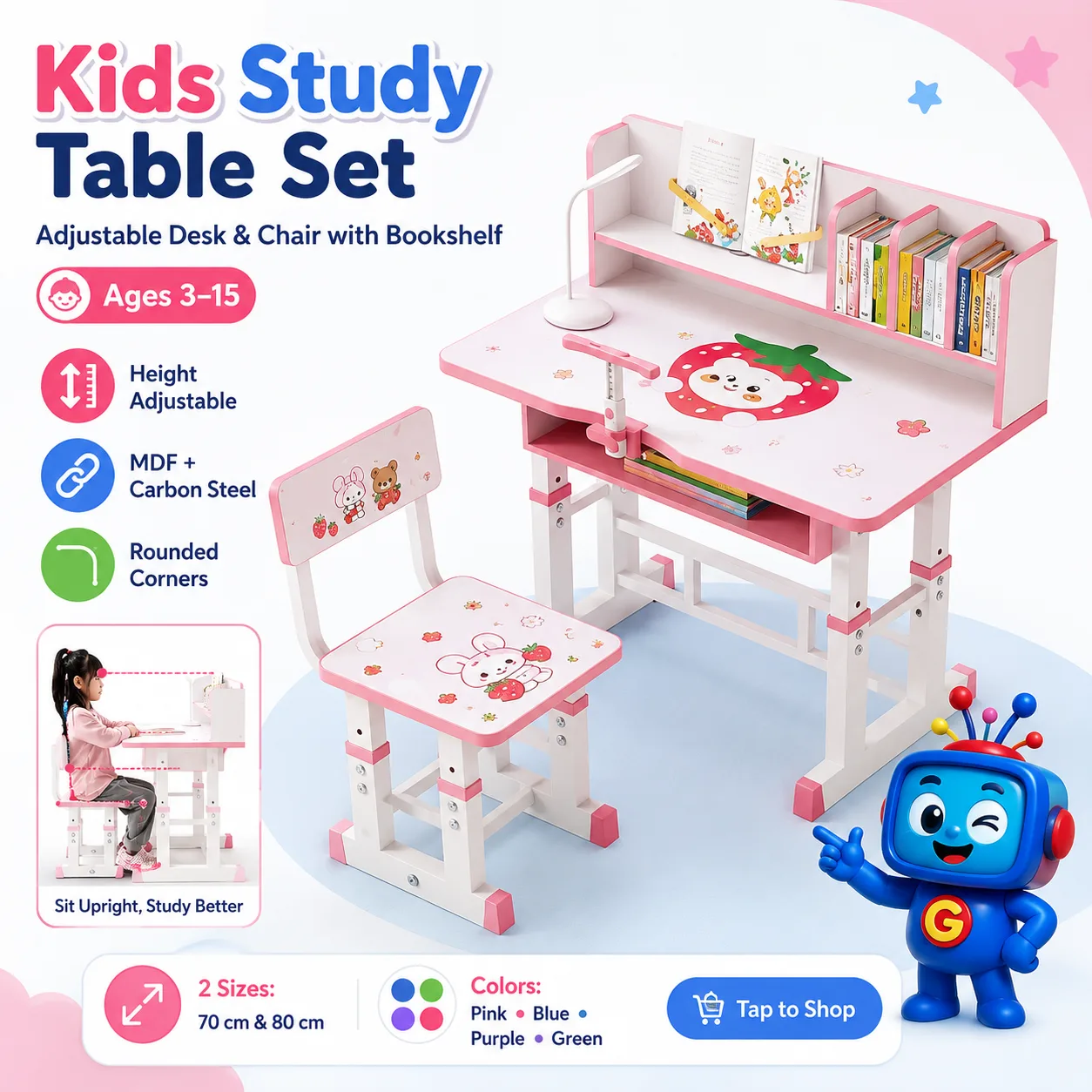 Create a comfortable study space that grows with your child. This adjustable desk and chair set features a spacious tabletop, built-in bookshelf, rounded corners, sturdy MDF and carbon-steel construction, plus adjustable height for different ages. Available in Pink, Blue, Purple, and Green.