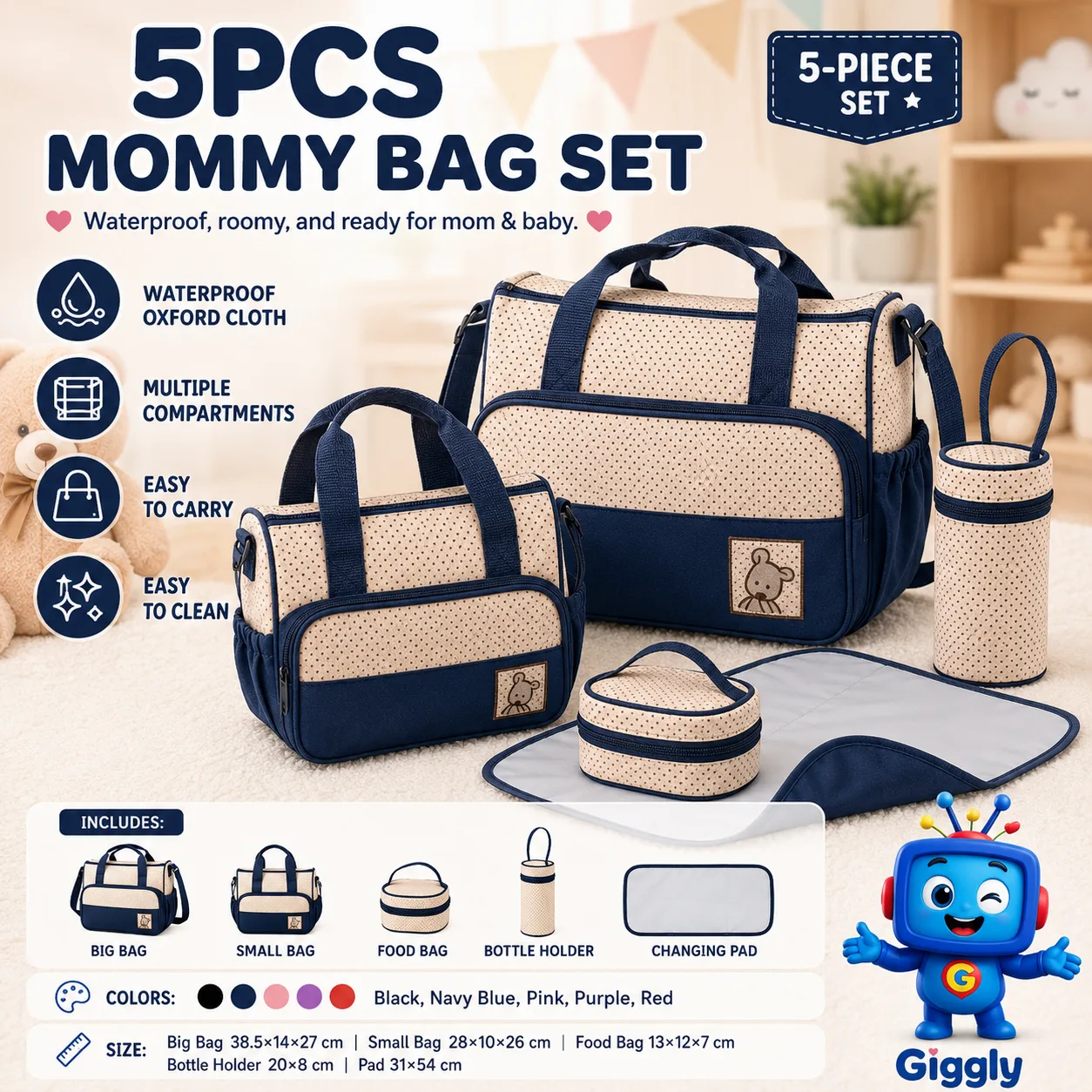 Stay ready for every outing with this 5-piece mommy bag set. It includes a big bag, small bag, food bag, milk bottle holder, and changing pad. Made with waterproof Oxford cloth, it is easy to carry, easy to clean, and practical for baby essentials, feeding items, and travel needs. A smart all-in-one diaper bag set for moms on the go.