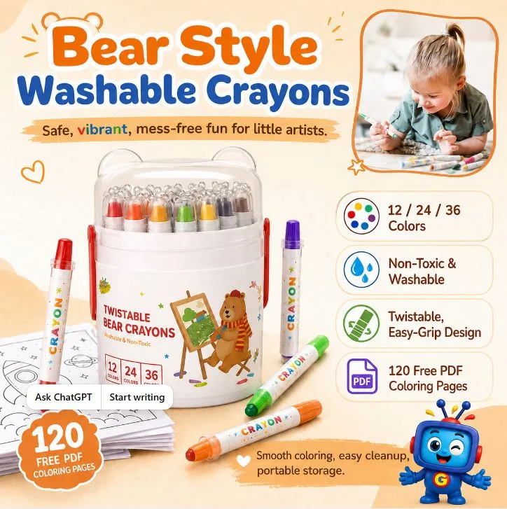 Make art time more fun with these Bear Style washable crayons for kids. Choose from 12, 24, or 36 vibrant colors in a twistable, easy-grip design that is perfect for little hands. They are non-toxic, washable, mess-free, and great for coloring, drawing, and creative play. Each set also includes access to 120 free PDF coloring pages, making it a fun and practical gift for toddlers and young kids.