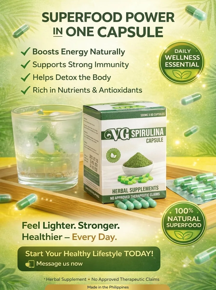 Fuel your body with the natural power of VG Spirulina. Designed for those who feel tired, drained, or low on energy, this powerful superfood supplement is crafted to help you regain your edge. Each capsule provides a concentrated boost to support your daily performance and overall wellness.