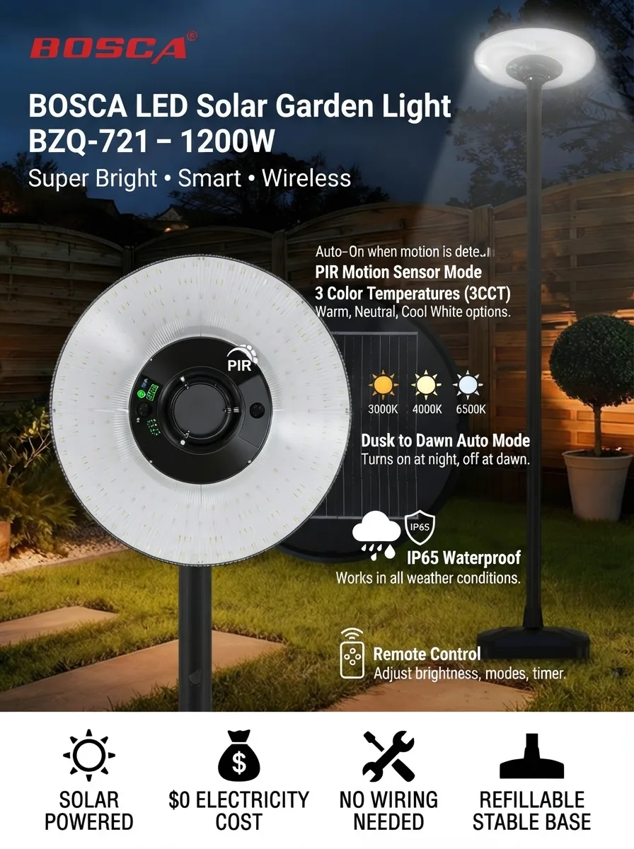 I-upgrade ang iyong garden at pathways gamit ang BOSCA LED Solar Garden Light BZQ-721! โ๏ธ๐ก Super bright na 1200W, may 3 color temperatures, at motion sensor pa para sa security. Zero electricity cost, zero wiring! Madali pang i-setup. ๐ ๐ฟ Order na!