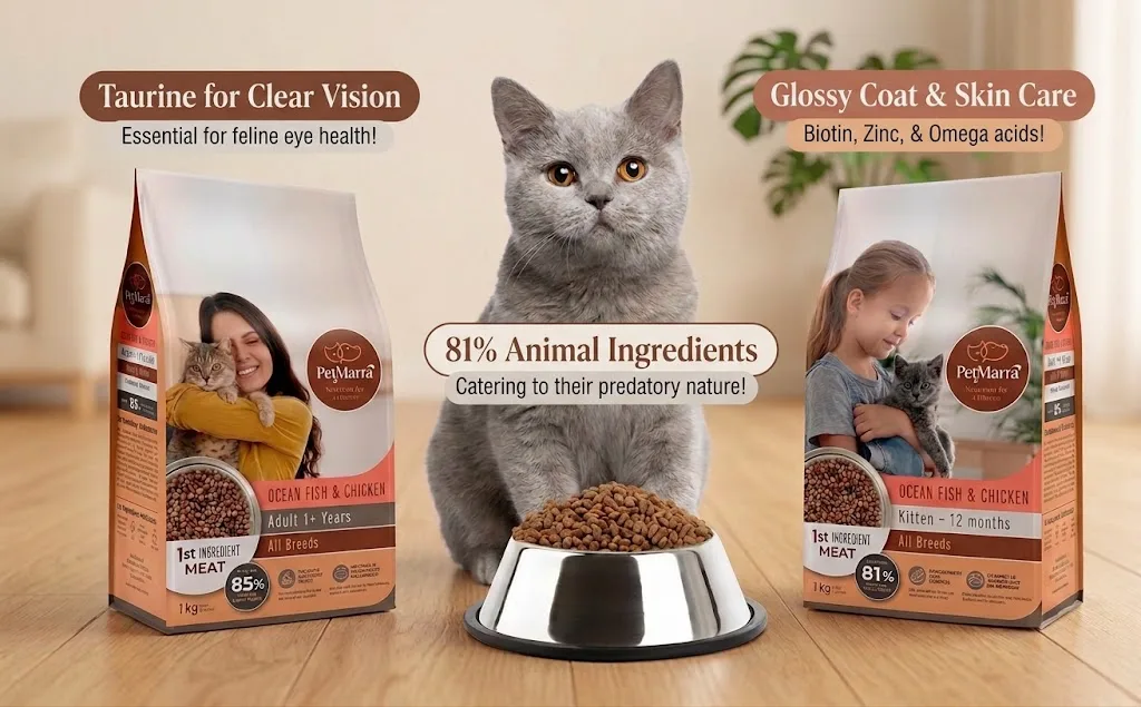 Give your furry babies the high-protein nutrition they deserve! 🐾 PetMarra Ocean Fish & Chicken is packed with 81%+ animal ingredients, Taurine for clear vision, plus Biotin & Omega acids for a healthy, shiny coat. Perfect for both kittens and adult cats! ✨ Tap the photo to shop! 🛒👇