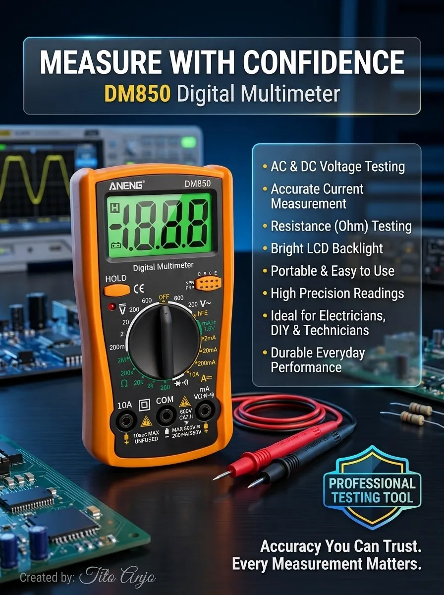🔧 Take the guesswork out of electrical testing with the XL830L Digital Multimeter. Whether you're a professional electrician, electronics technician, or DIY enthusiast, the XL830L delivers accurate and reliable measurements for voltage, current, and resistance. Its portable design, easy-to-read LCD display with backlight, and user-friendly controls make it an essential tool for home, workshop, and field use. ✔ Measures AC & DC Voltage ✔ Current & Resistance Testing ✔ Bright LCD Backlight ✔ Compact & Portable ✔ Easy-to-Use Rotary Selector ✔ Ideal for Home, Automotive & Electronics Repair Upgrade your toolbox with a dependable digital multimeter that's built to help you troubleshoot electrical systems quickly, safely, and accurately. Save this pin for your next electronics or DIY project.