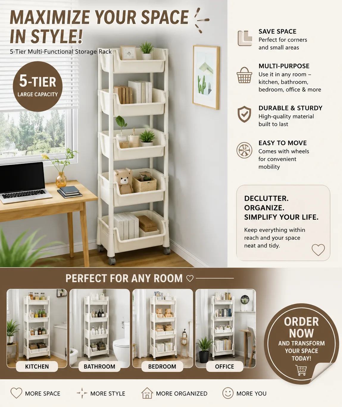 Keep your home neat and organized with this durable 5-tier storage rack. Perfect for the kitchen, bathroom, bedroom, office, or laundry area. Its slim design fits small spaces while the wheels make it easy to move wherever you need it. ✅ Large Capacity ✅ Space-Saving Design ✅ Durable & Sturdy ✅ Easy to Assemble ✅ With Smooth Rolling Wheels 🛒 Order yours today and enjoy a clutter-free home! https://s.shopee.ph/6AjwsS8ygf